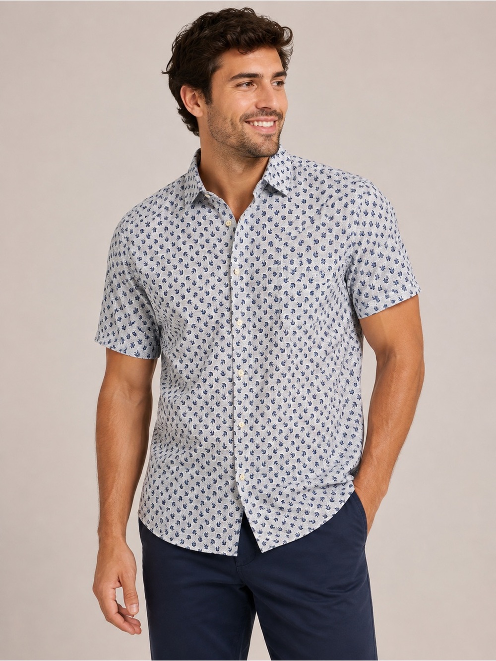 Egara White Short-Sleeve Button-Down Shirt with Blue Print